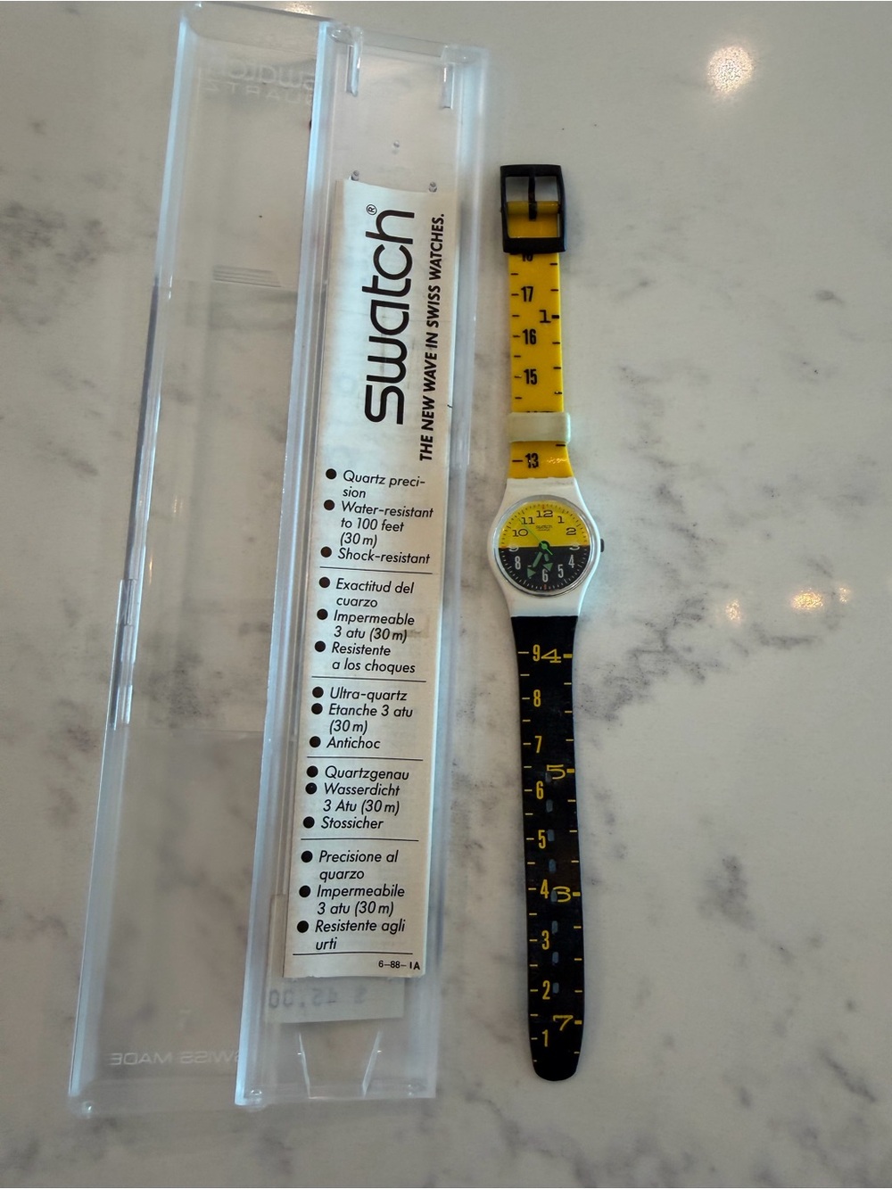 Swatch Black and Yellow Tape-Measure Motif Silicone Strap Watch